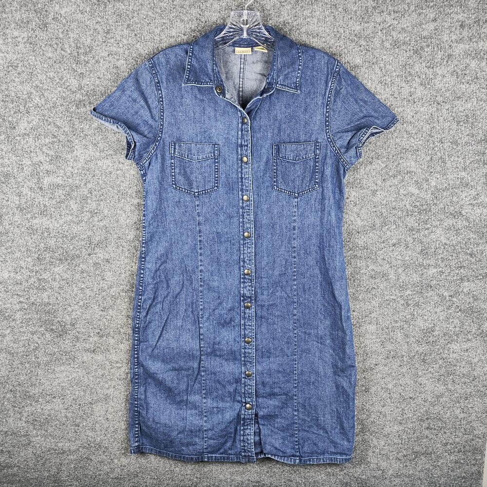 L.L.Bean Dress Womens 10 Blue Denim Short Sleeve Button Front Shirt Pockets